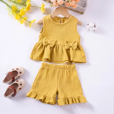 Summer Girls Sweet Cute Bow Cotton Tank Top Shorts Ruffled Set