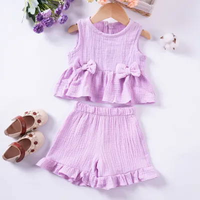 Summer Girls Sweet Cute Bow Cotton Tank Top Shorts Ruffled Set