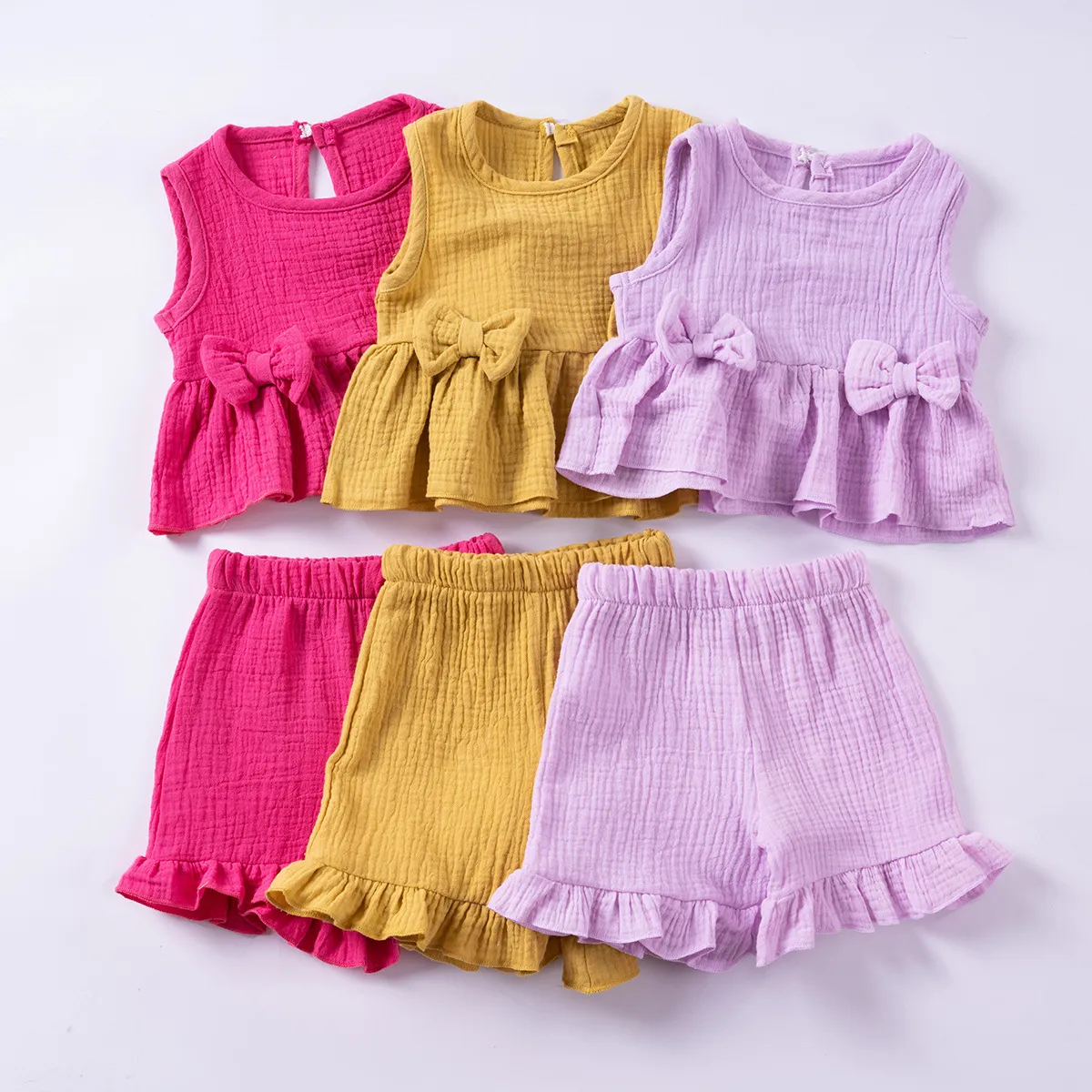 Summer Girls Sweet Cute Bow Cotton Tank Top Shorts Ruffled Set