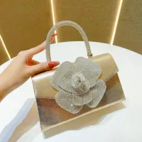 Women Fashion Metal Ring Colored Stone Diamond Drawstring Bucket Dinner Bag