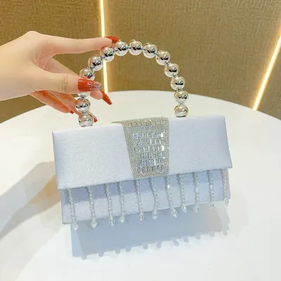 Women Elegant Small Square Rhinestone Tassels Banquet Handbag