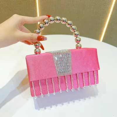 Women Elegant Small Square Rhinestone Tassels Banquet Handbag
