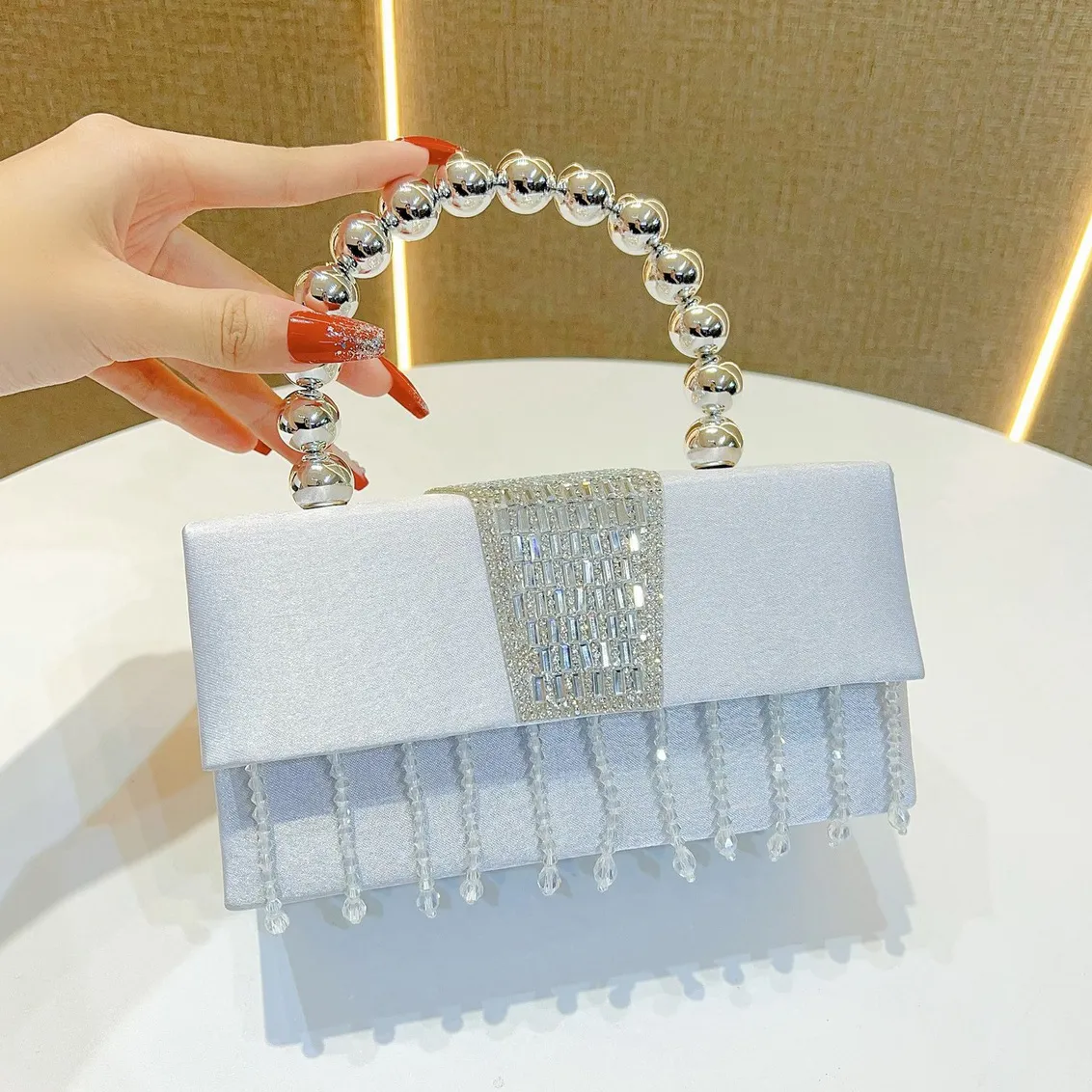 Women Elegant Small Square Rhinestone Tassels Banquet Handbag