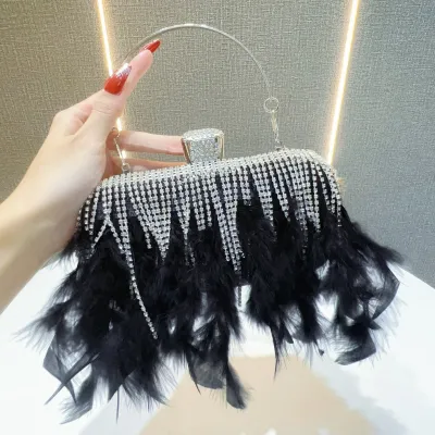 Women Rhinestone Feather Tassel Banquet Handbag Small Square Clutch