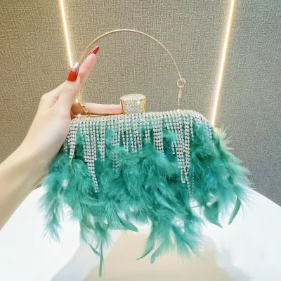 Women Rhinestone Feather Tassel Banquet Handbag Small Square Clutch