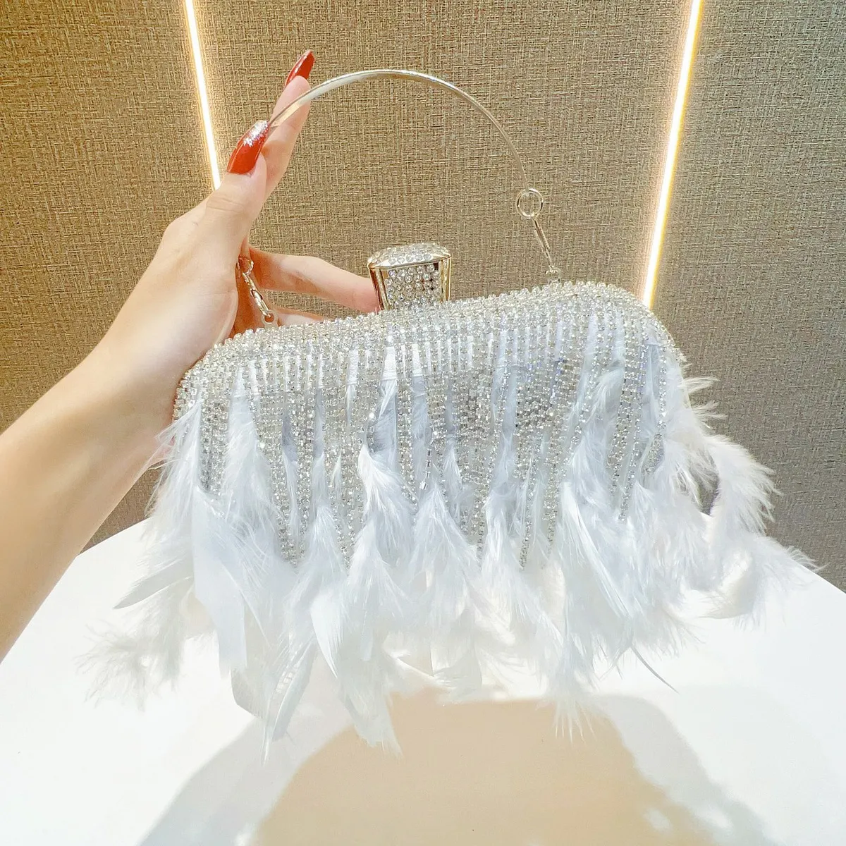 Women Rhinestone Feather Tassel Banquet Handbag Small Square Clutch