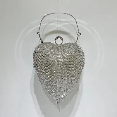 Women Fashion Love Rhinestone Tassels Heart Shaped Banquet Handbag Evening Bag