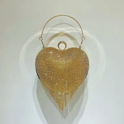 Women Fashion Love Rhinestone Tassels Heart Shaped Banquet Handbag Evening Bag