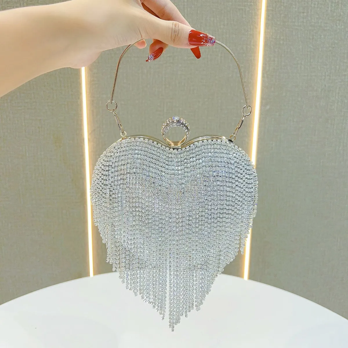 Women Fashion Love Rhinestone Tassels Heart Shaped Banquet Handbag Evening Bag