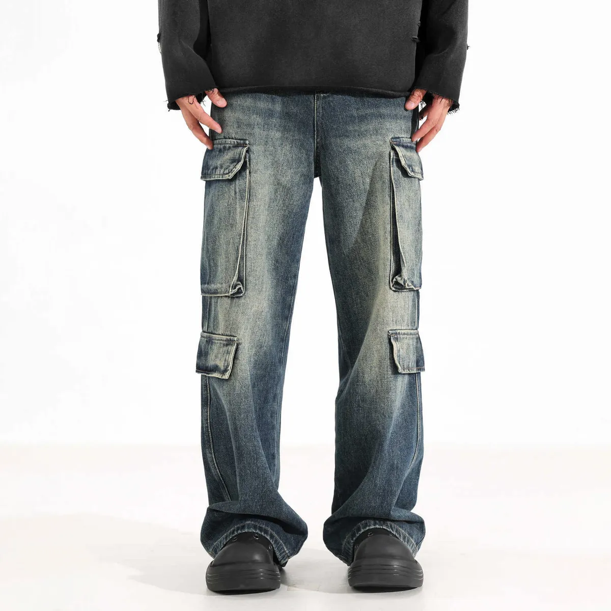 Men Denim Vintage Straight Leg Pants Long Mid-Waist Loose
