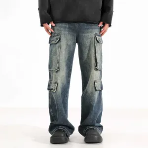 Men Denim Vintage Straight Leg Pants Long Mid-Waist Loose
