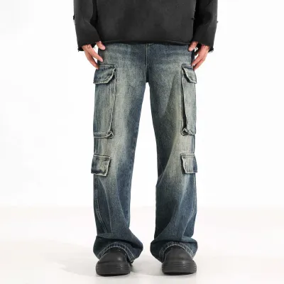 Men Denim Vintage Straight Leg Pants Long Mid-Waist Loose