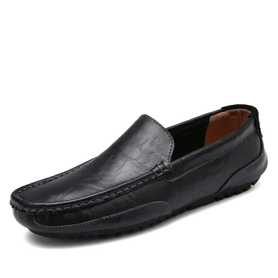 Men Fashion Casual Solid Color Slip-On Loafers Genuine Leather Bean Shoes