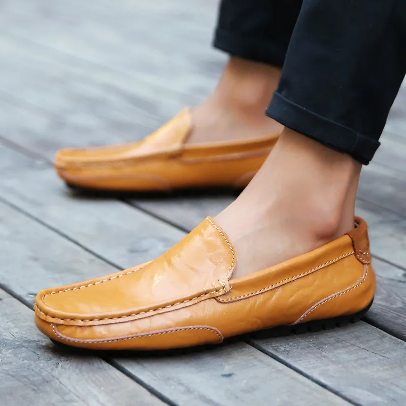 Men Fashion Casual Solid Color Slip-On Loafers Genuine Leather Bean Shoes