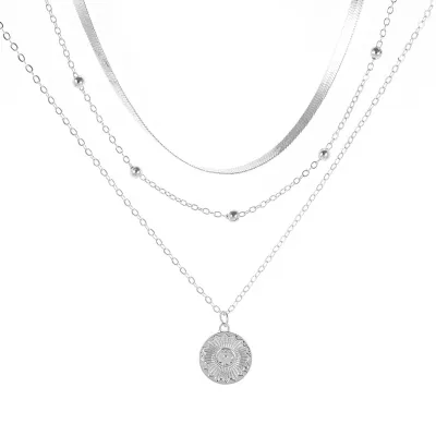 Fashion Simple Multilayer Stacked Chain Necklace with Floral Alloy Pendant