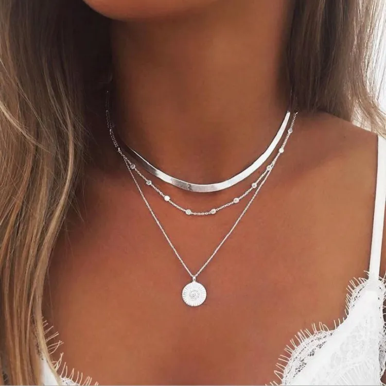 Fashion Simple Multilayer Stacked Chain Necklace with Floral Alloy Pendant