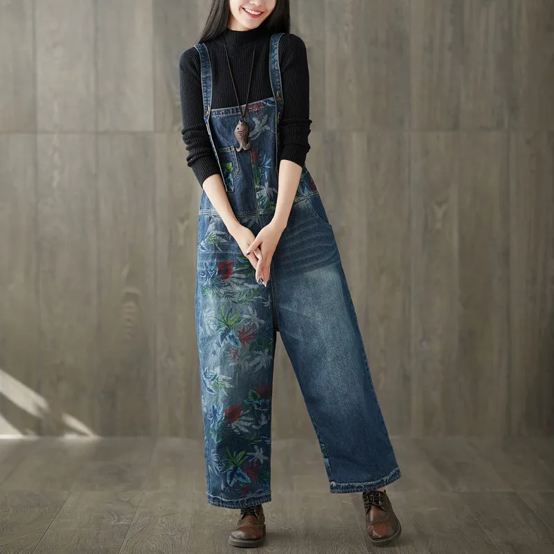 Women's Patchwork Floral Printed Wide-Leg Denim Suspenders Jumpsuit
