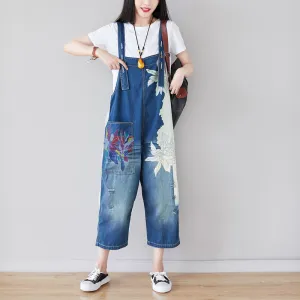 Women's Floral Printed Denim Suspenders Jumpsuit - Cropped Wide-Leg