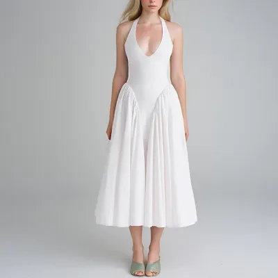 Women Sexy Elegant Solid Color V-Neck Halter Neck Lace-Up High Waist Midi Dress