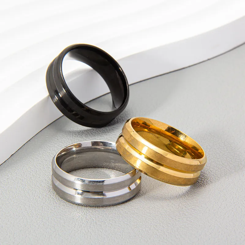 Men Fashion Groove Frosted Stainless Steel Unisex Geometry Ring
