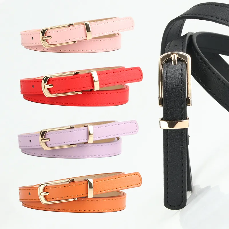 Women Fashion Multicolor Alloy Pin Buckle Thin Imitation Leather Belt