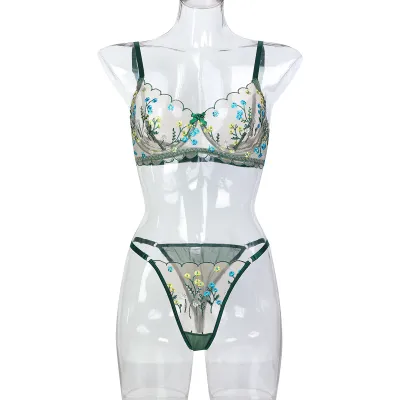 Women Fashion Perspective Mesh Lace Floral Embroidery Wave Sexy Lingerie Set