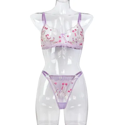 Women Fashion Perspective Mesh Lace Floral Embroidery Wave Sexy Lingerie Set