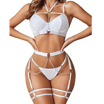Women Fashion Metal Chain Pu Leather Garter Sexy Lingerie Three-Piece Set