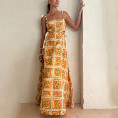 Women Casual Vacation Printed Hollow-Out Spaghetti Strap Drawstring Loose Dress