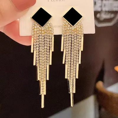Fashion Rhinestone Tassel Drop Earrings Geometric Style