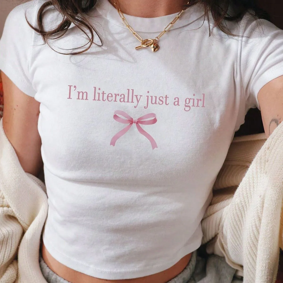Women Casual Printed Bow Letters Polyester Spandex Slim Fit Short-Sleeve T-Shirt