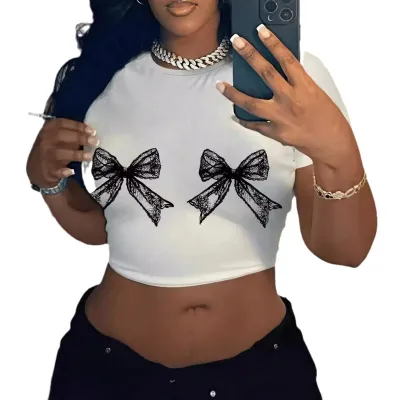 Women Fashion Casual Printed Polyester Round Neck Short Sleeve Slim Fit Crop Top