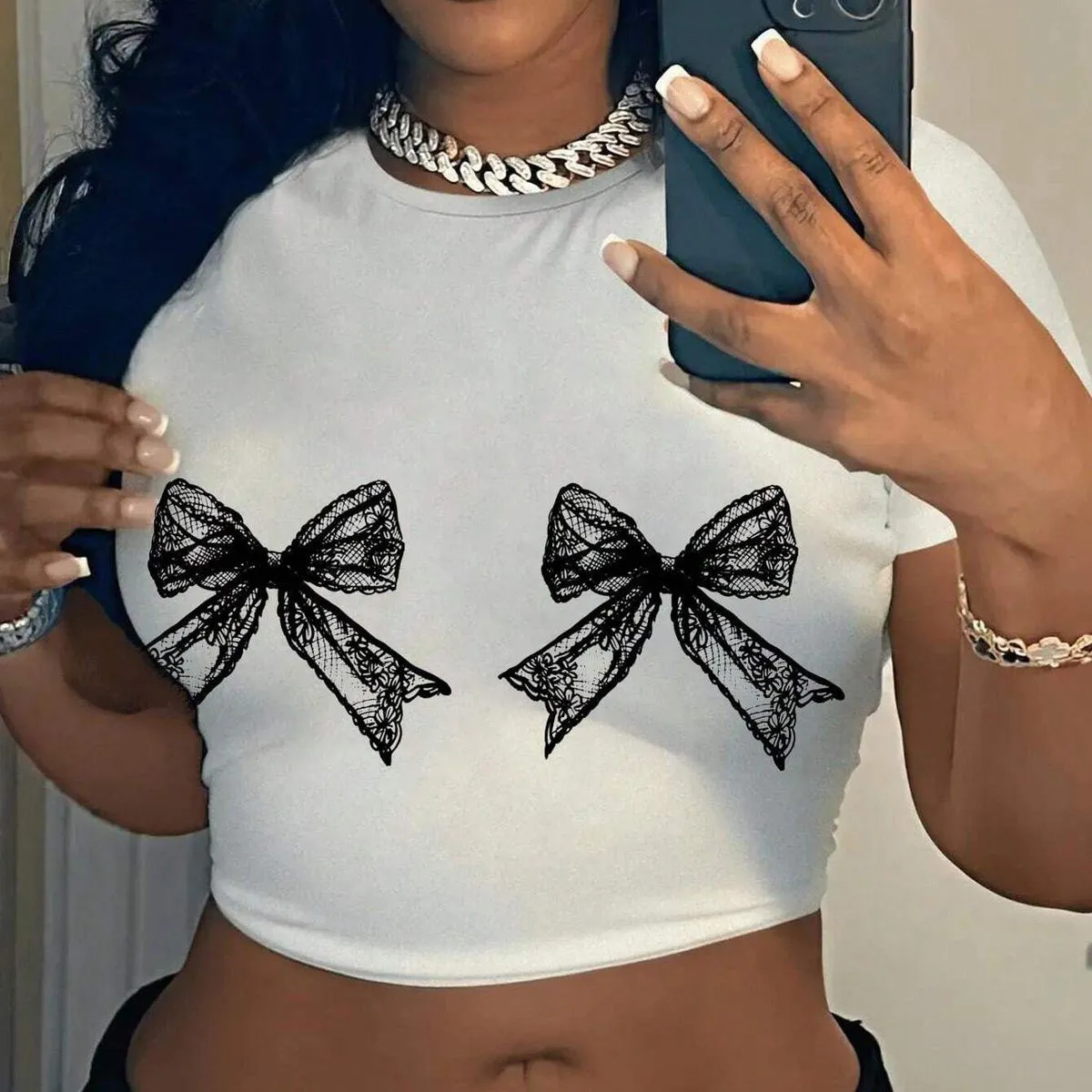 Women Fashion Casual Printed Polyester Round Neck Short Sleeve Slim Fit Crop Top
