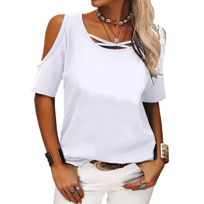 Women Casual Hollow-Out Bat Sleeve Loose T-Shirt Solid Color