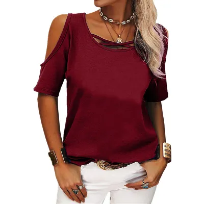 Women Casual Hollow-Out Bat Sleeve Loose T-Shirt Solid Color