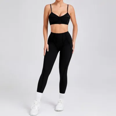 Women's Yoga Sportswear Set Sleeveless Bra Top And Pants Solid Color Cotton Blend