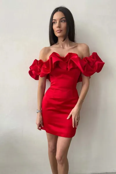 Women Fashion Sexy Solid Color Off Shoulder Ruffled Slim Fit Dress