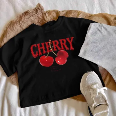 Women's Cherry Print Short Sleeve Crop Top T-Shirt