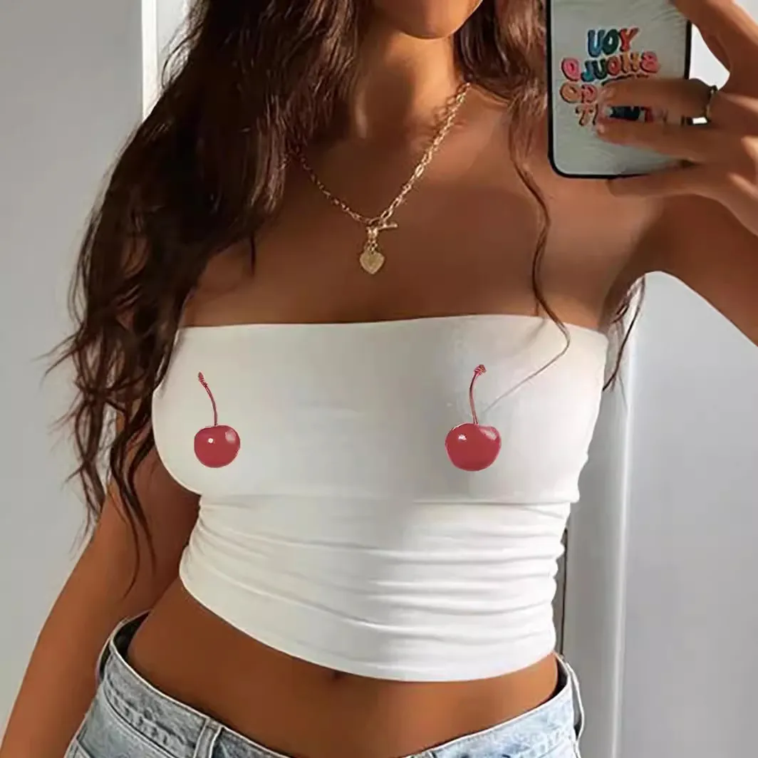 Fashion Women's Cherry Leopard Print Strapless Crop Top