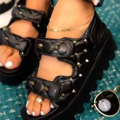 Women Fashion Casual Solid Color Rivet Velcro Platform Sandals