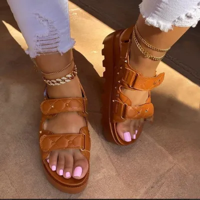 Women Fashion Casual Solid Color Rivet Velcro Platform Sandals