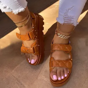 Women Fashion Casual Solid Color Rivet Velcro Platform Sandals