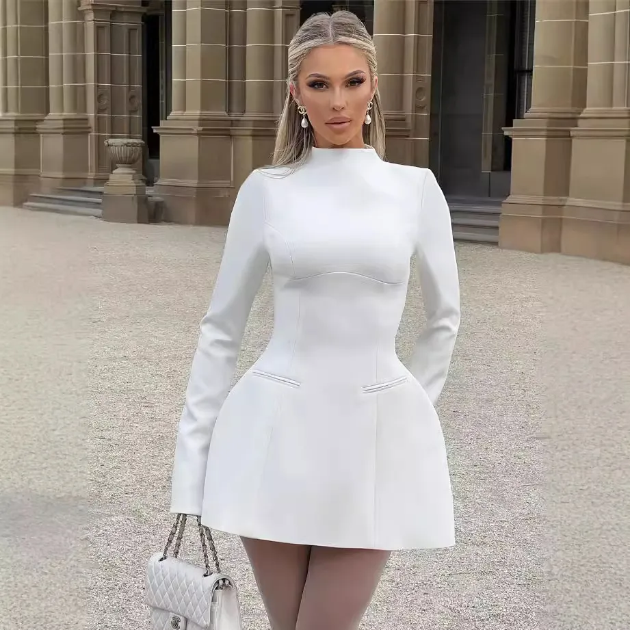 Women Sexy Solid Color Long-Sleeve Slim Fit Horn Sleeve Dress
