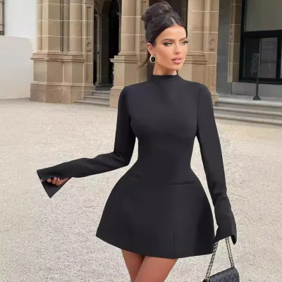 Women Sexy Solid Color Long-Sleeve Slim Fit Horn Sleeve Dress