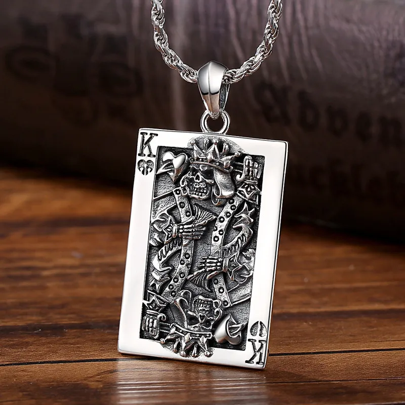 Men's Poker Red Heart K Copper Pendant Necklace Vintage Artificial Crystal O Chain