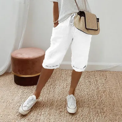 Women Casual Cotton Linen Blend Solid Color Pocket Pants