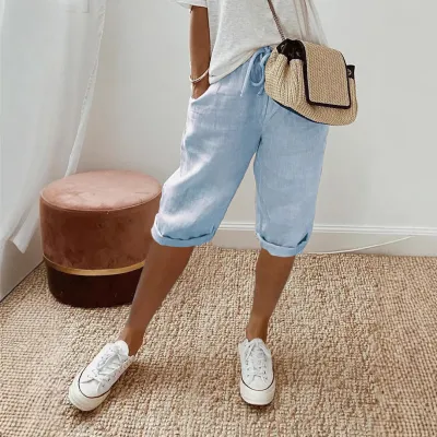 Women Casual Cotton Linen Blend Solid Color Pocket Pants