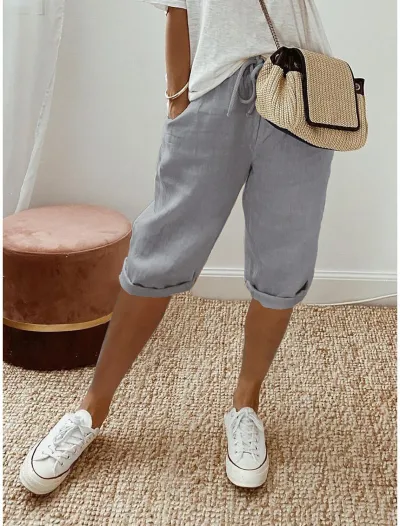 Women Casual Cotton Linen Blend Solid Color Pocket Pants