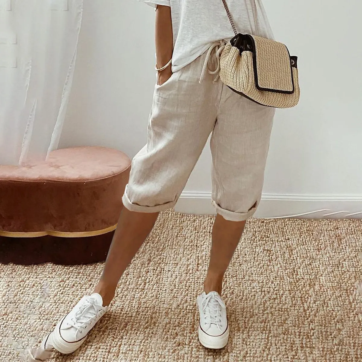 Women Casual Cotton Linen Blend Solid Color Pocket Pants