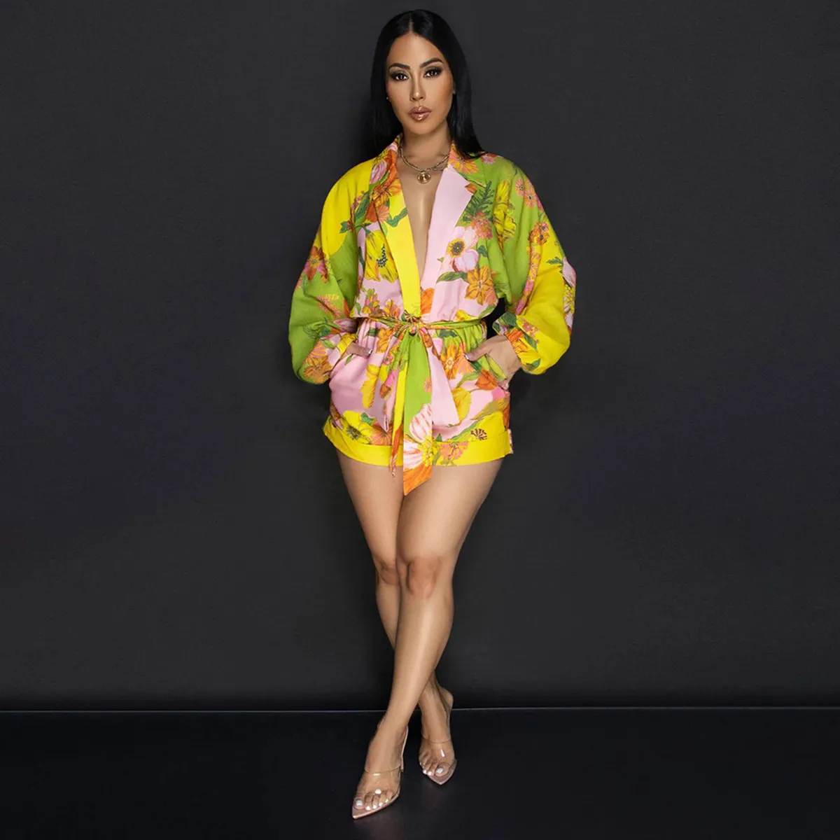 Women Casual Linen Floral Printed Lapel Pocket Long-Sleeve Lace-Up Rompers